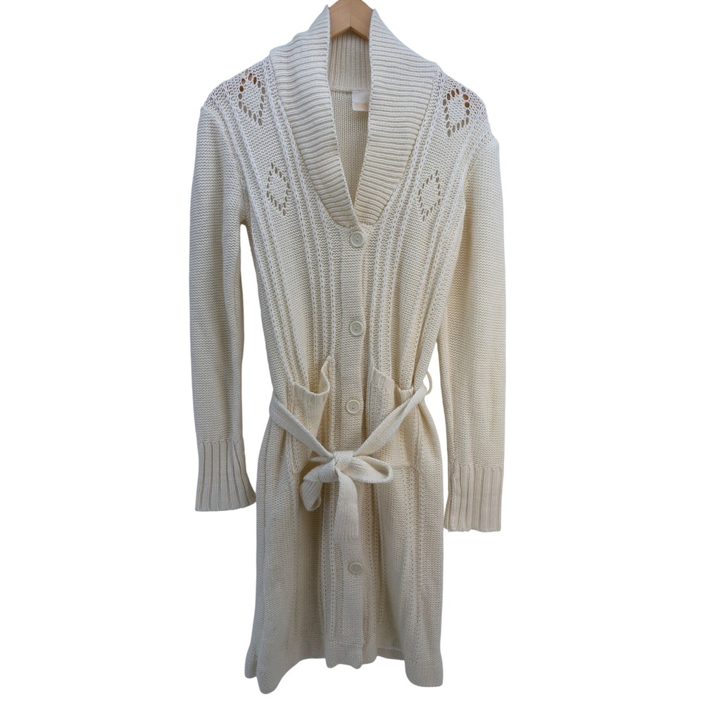 Vtg Cream Belted Duster Cardigan Sweater Pointelle Cottagecore knit Shawl Medium